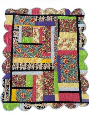 Handmade Patchwork Floral Quilt Size 43x52 inches Bright Colorful Polka Dots
